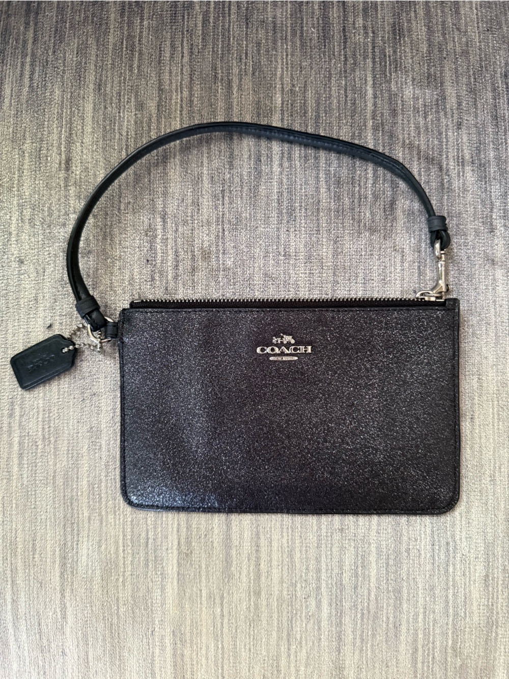 Coach Black Glitter Zip Wristlet with Leather Strap